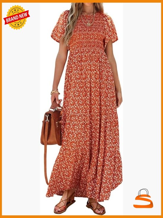 Dresses & Skirts - Flutter Short Sleeve Smocked Tiered Maxi Dress Boho Floral Casual Summer